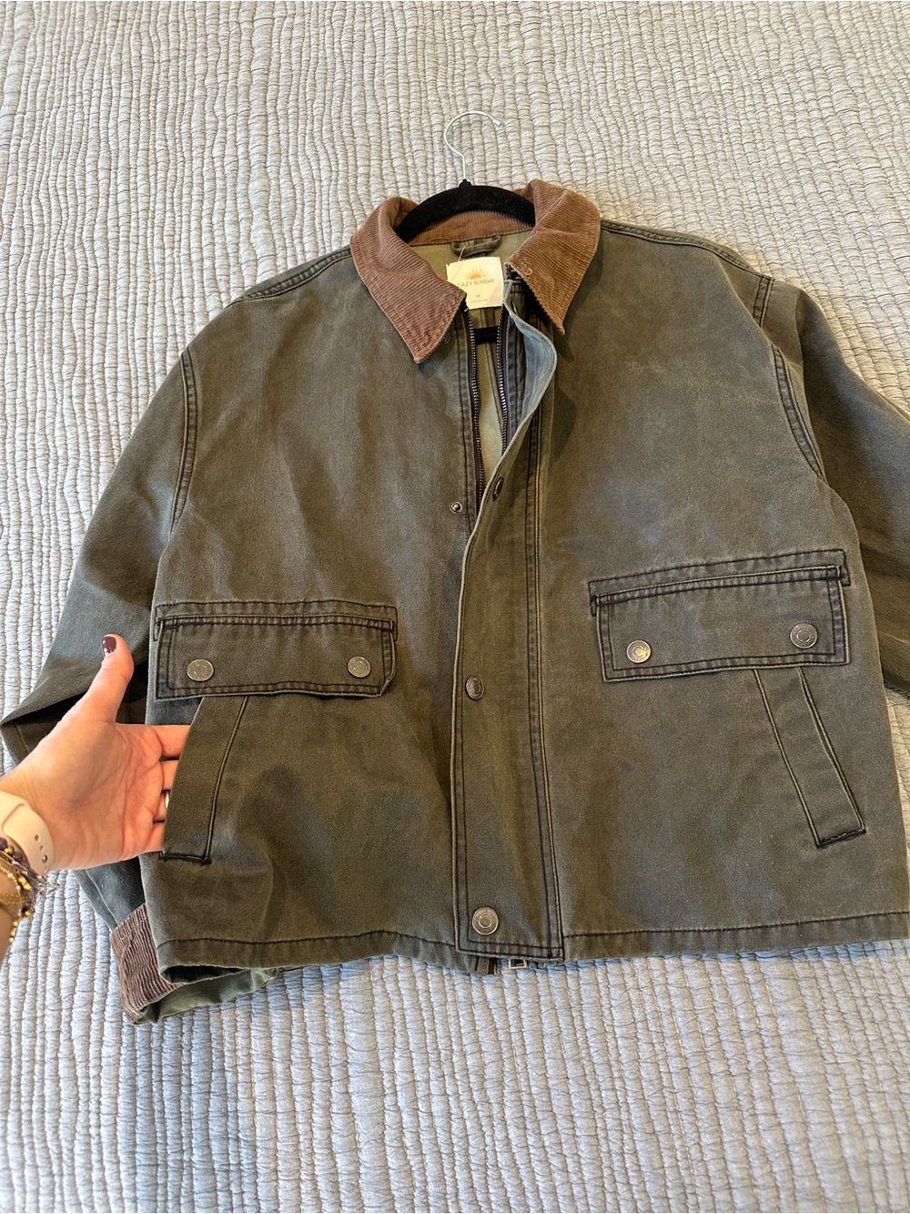 Waxed Cotton Jacket with Brown Corduroy Collar - Olive - Picture 9 of 9